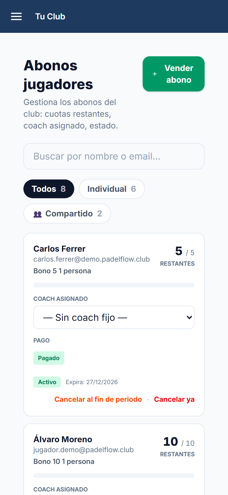 Bono de un jugador en recepción: sesiones restantes, pago y caducidad