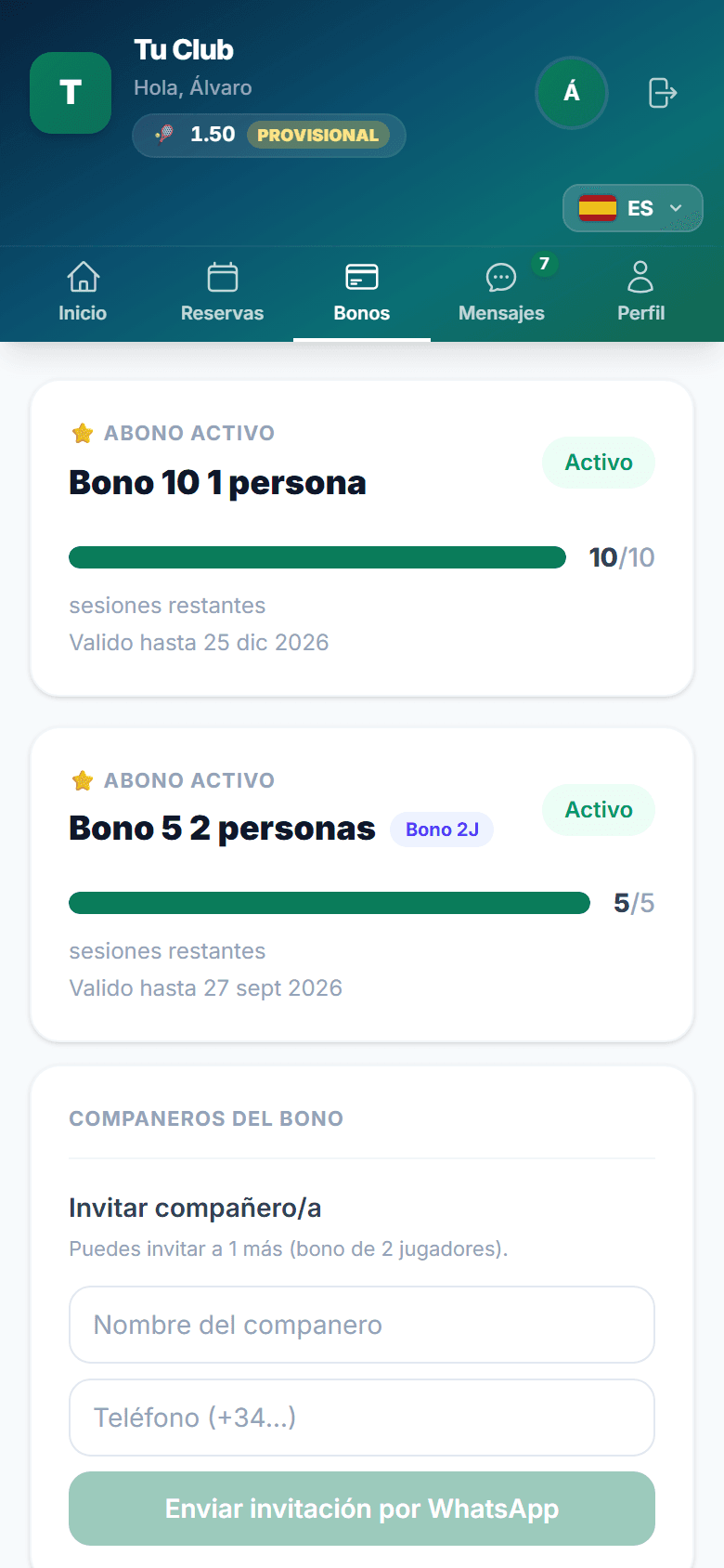 Bono compartido: invitar a un compañero desde la app del jugador