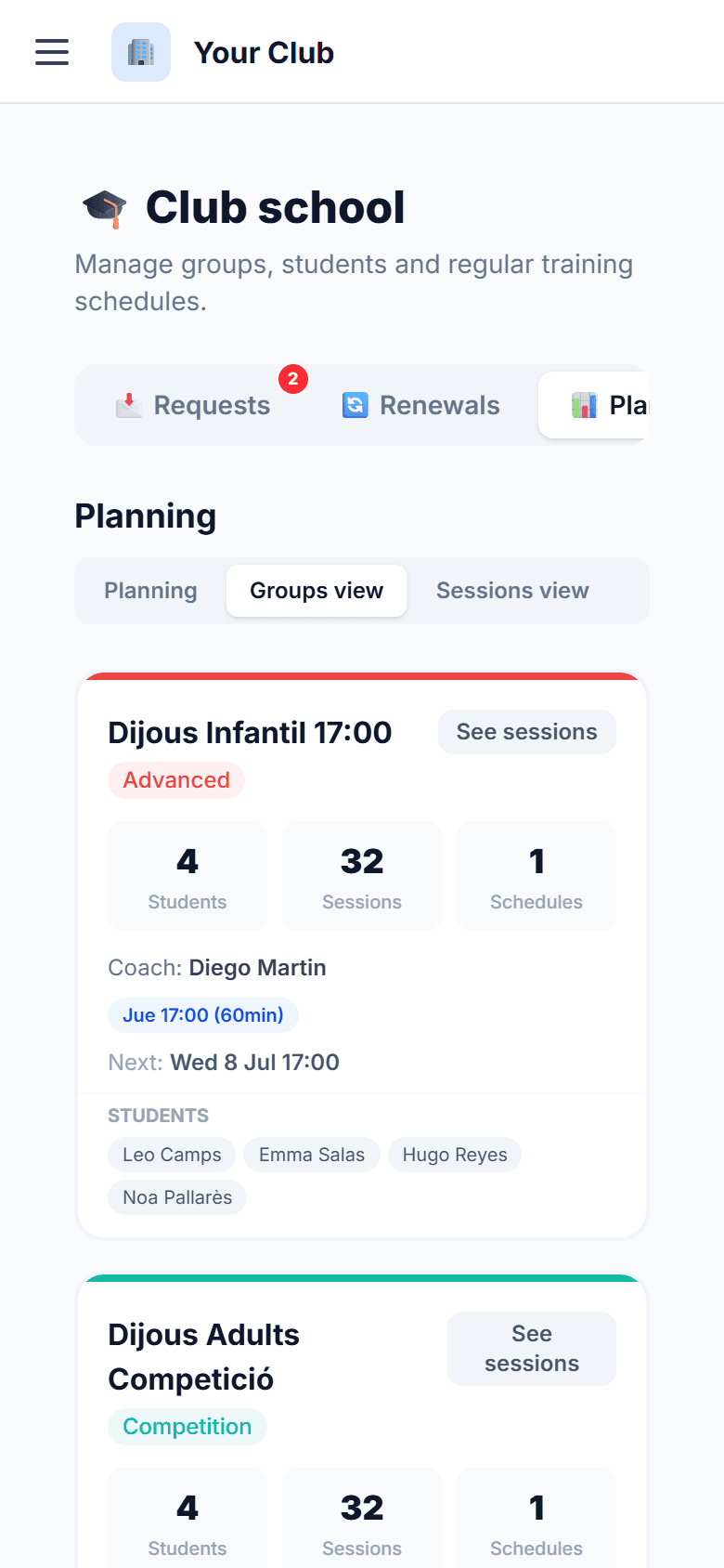 Academy group card: students, sessions, schedule and coach