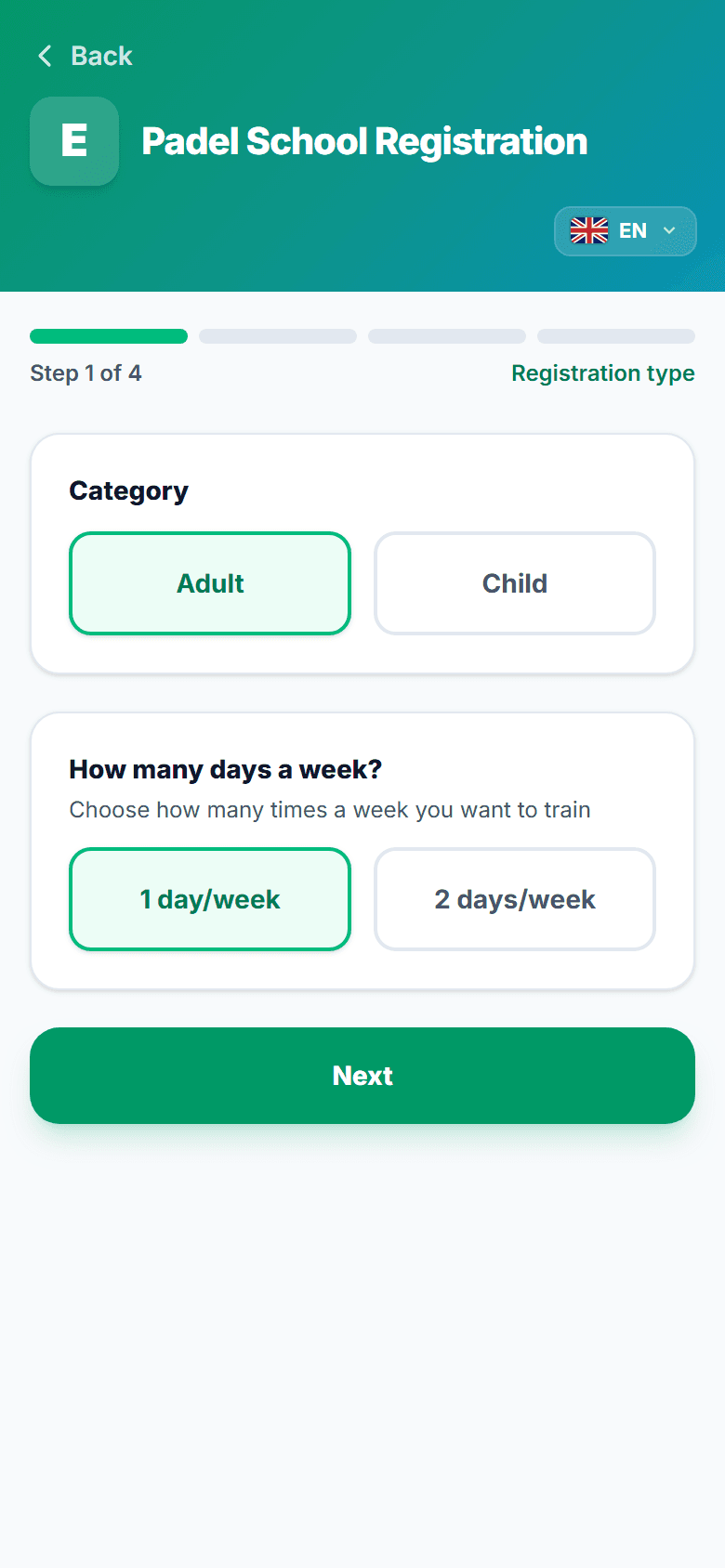 Academy sign-up from the phone: category and days per week