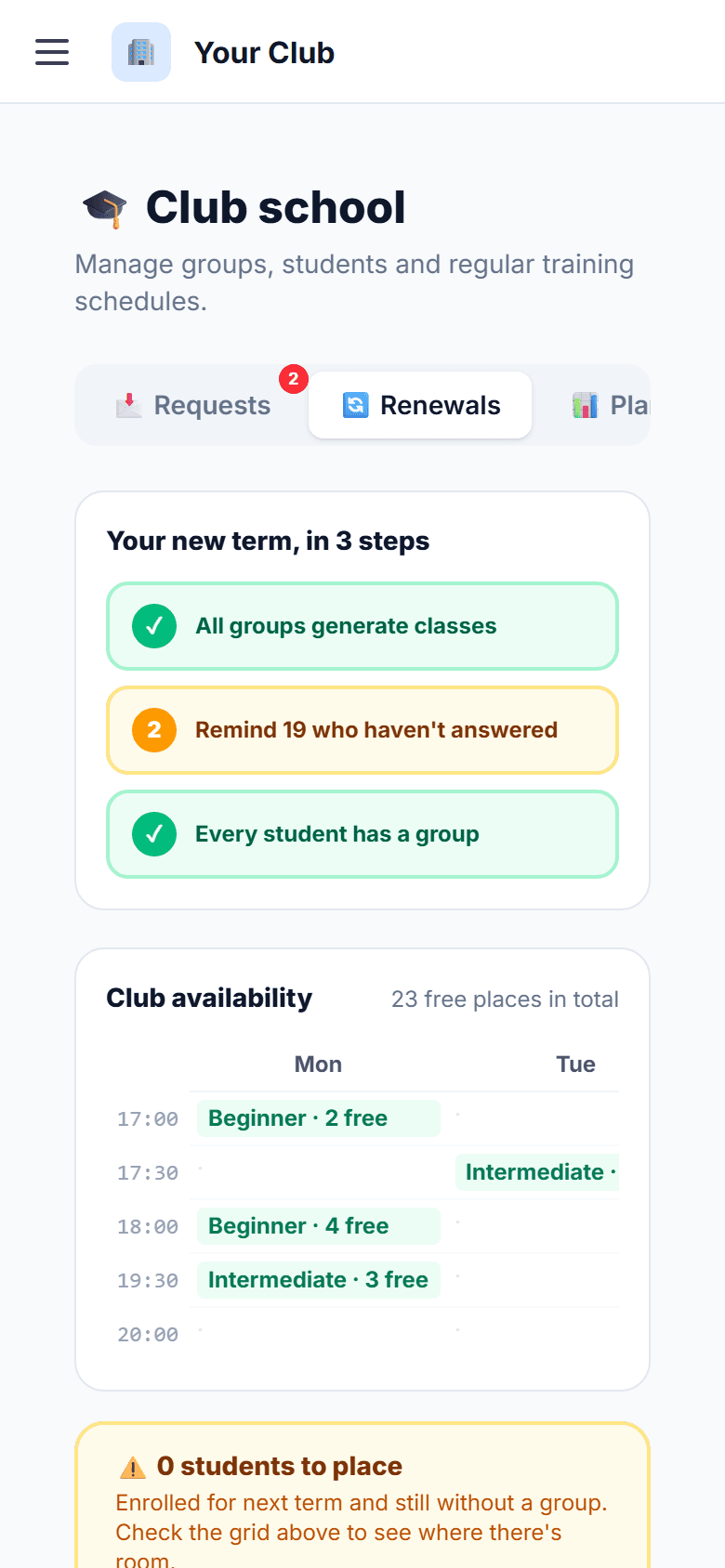 Term renewal in three steps: groups with classes, students who haven't answered, students with a group