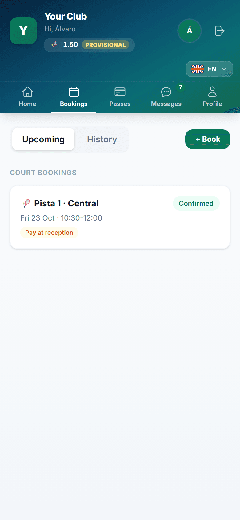 Court booking confirmed on the player's phone