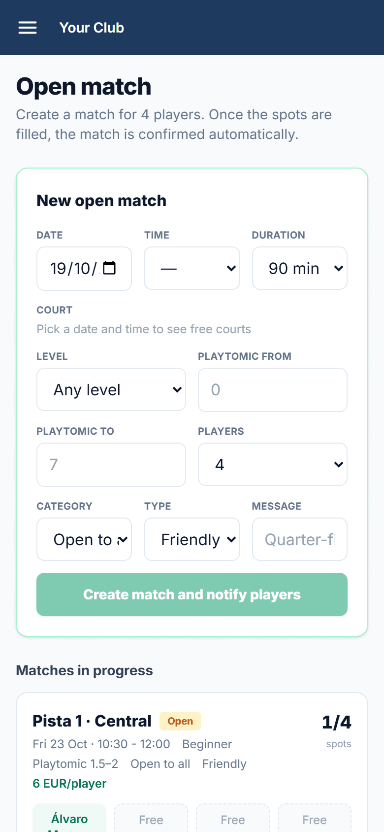 Open match form at the reception: level, players, category and type