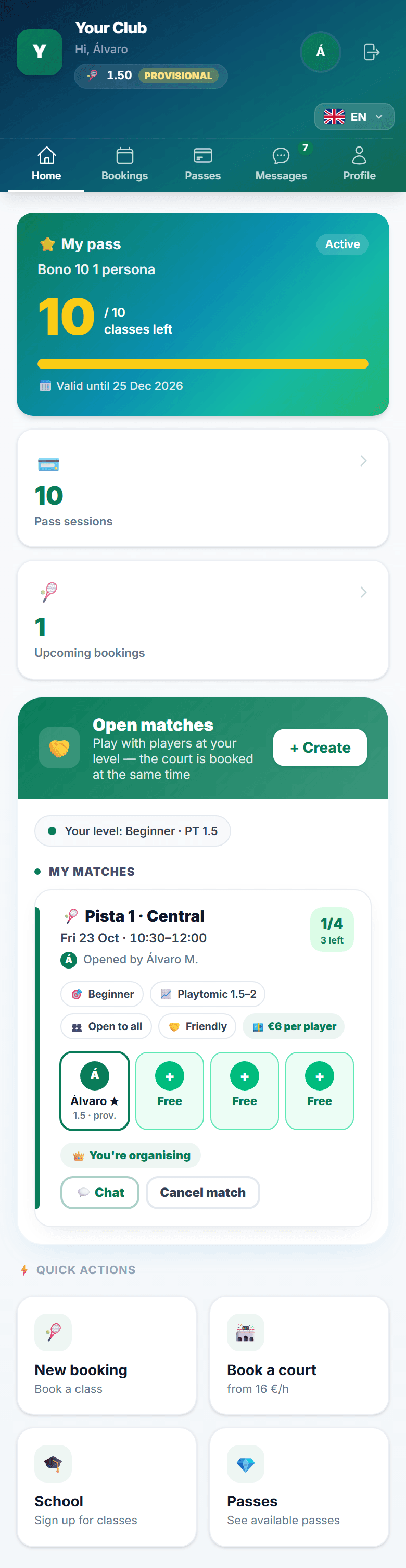Open match in the player's app: court, time, level, free spots and price per player