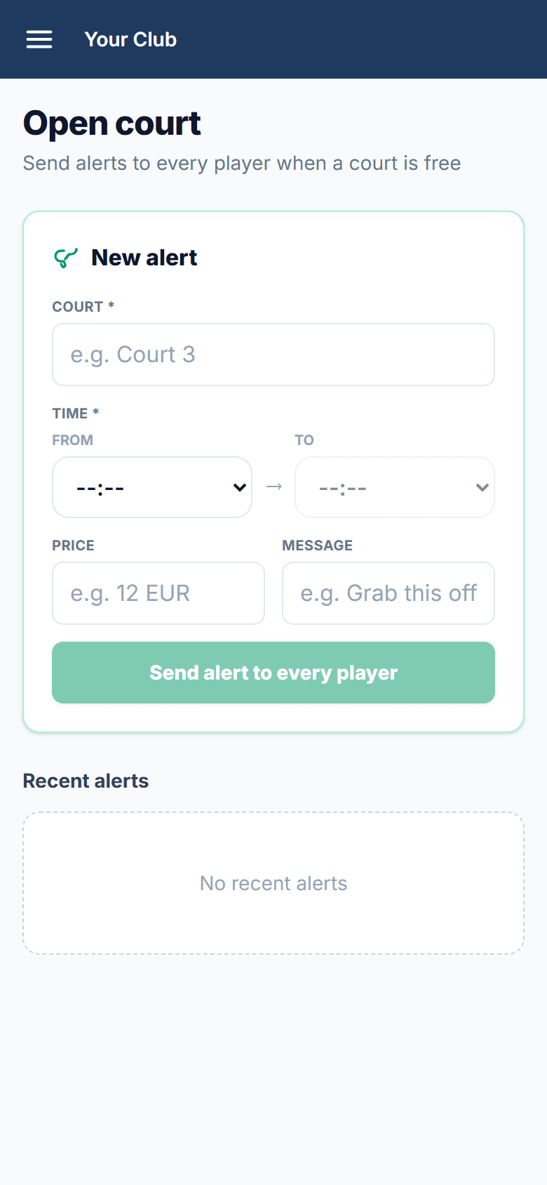 Free-court alert: court, time, price and message to all players