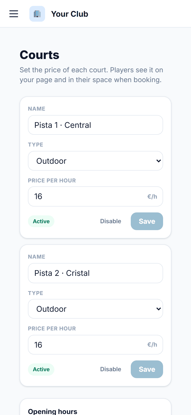 Court card: name, type and hourly price