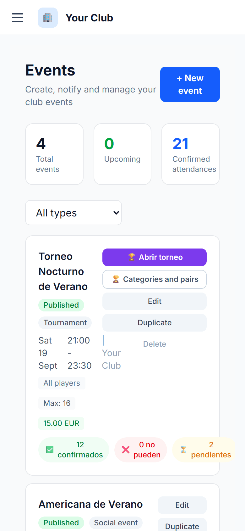 Published tournament event, with access to categories and pairs