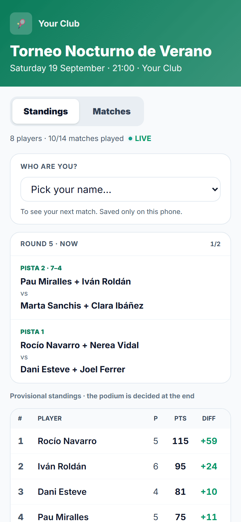 Tournament public page: round in play, courts and scores
