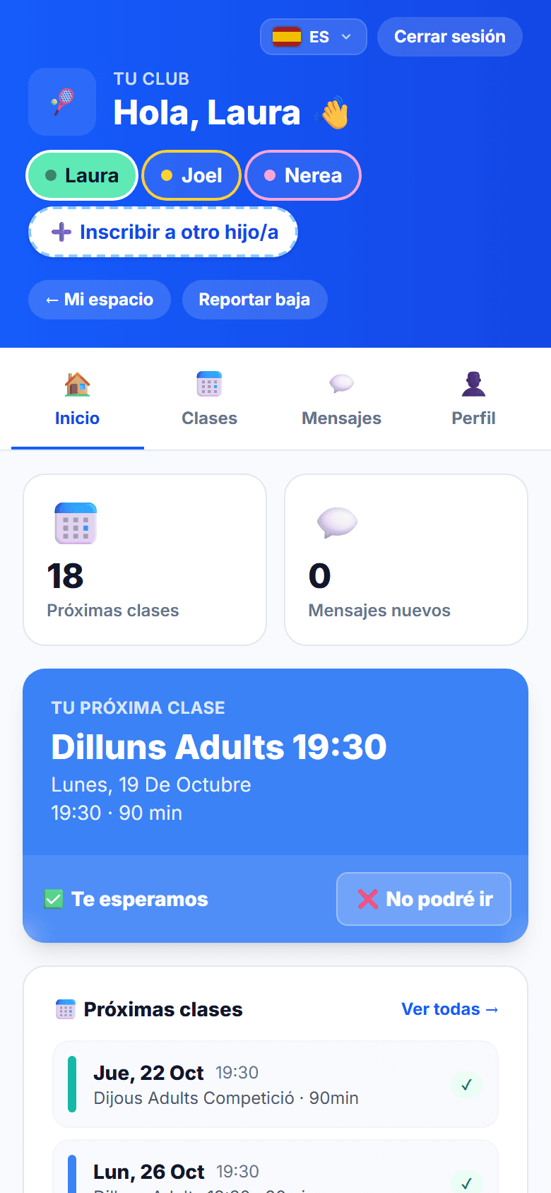 Espacio de la familia: próxima clase con los botones Te esperamos y No podré ir