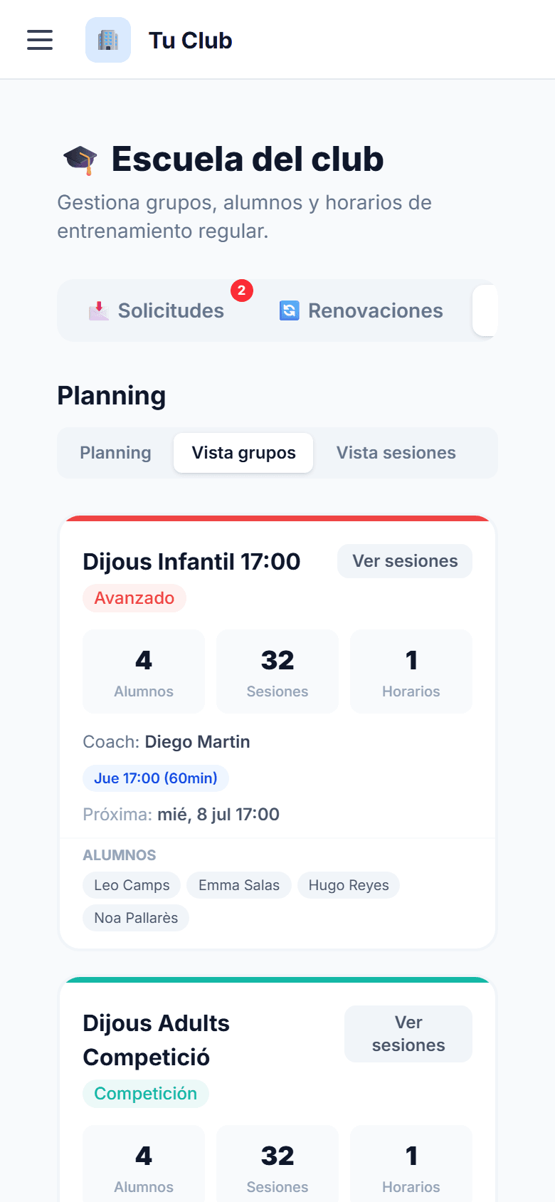 Ficha de un grupo de la escuela: alumnos, sesiones, horario y entrenador