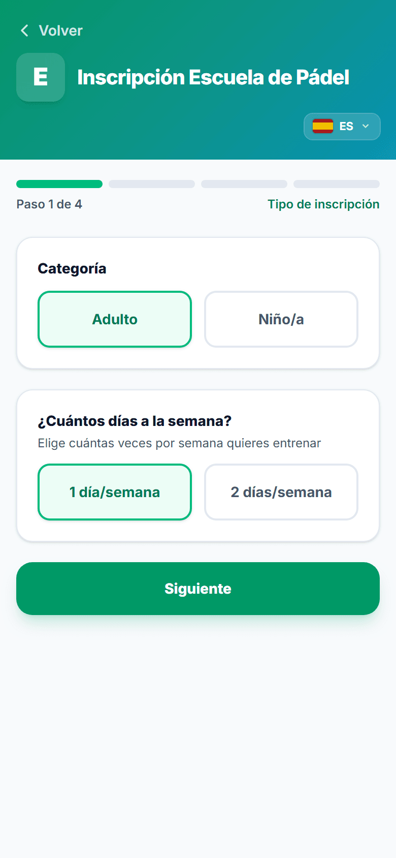 Inscripción a la escuela desde el móvil: categoría y días por semana