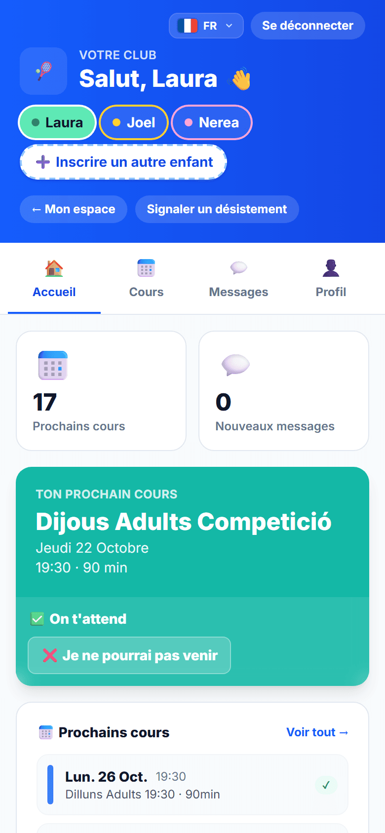 Espace famille : prochain cours avec les boutons « On vous attend » et « Je ne pourrai pas venir »