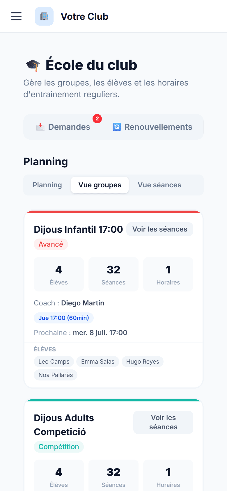 Fiche d'un groupe de l'école : élèves, séances, horaire et coach