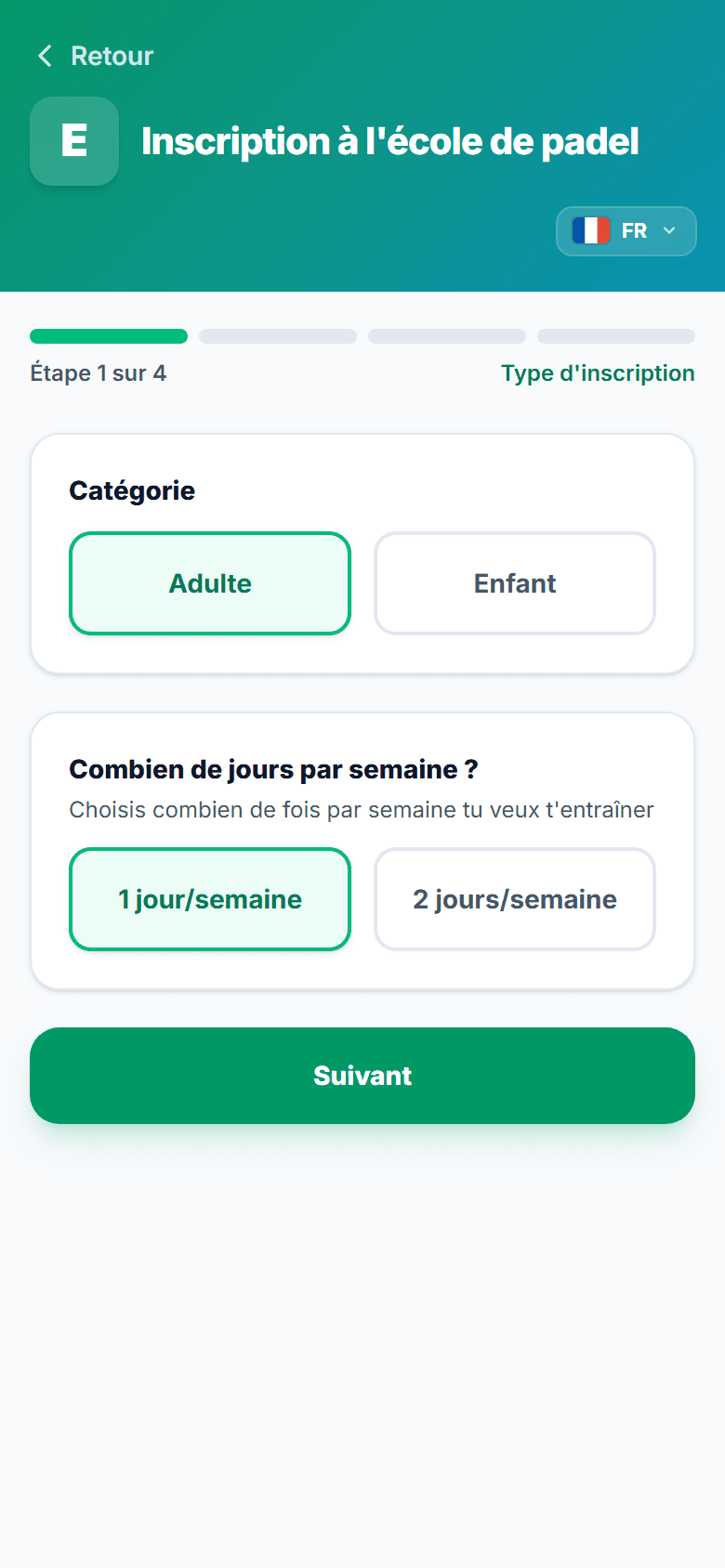 Inscription à l'école depuis le téléphone : catégorie et jours par semaine
