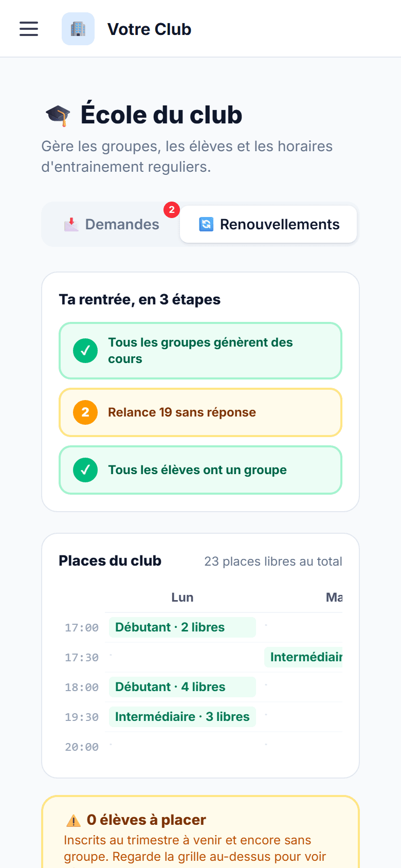 Renouvellement du trimestre en trois étapes : groupes avec cours, élèves sans réponse, élèves avec un groupe