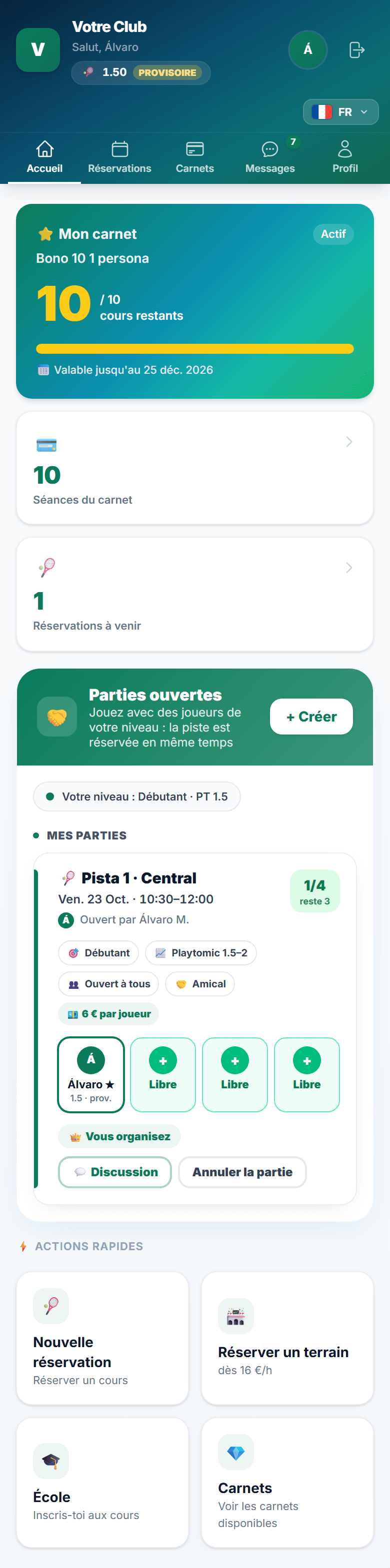 Partie ouverte dans l'app du joueur : terrain, heure, niveau, places libres et prix par joueur