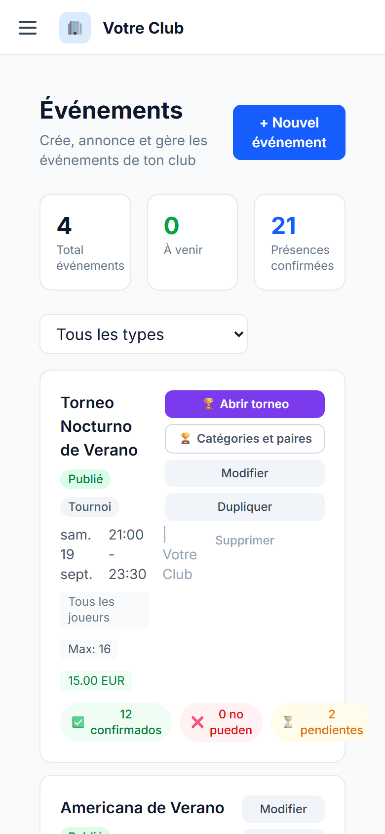 Événement de type tournoi publié, avec accès aux catégories et aux paires