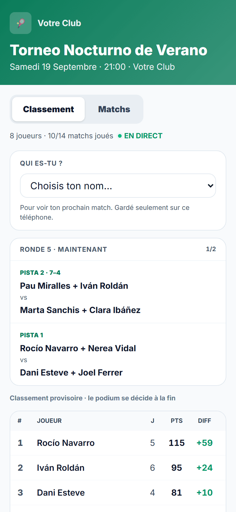 Page publique du tournoi : tour en cours, terrains et scores