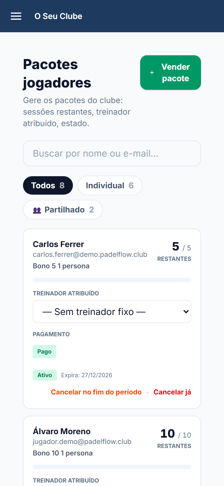 Pacote de um jogador na receção: sessões restantes, pagamento e validade