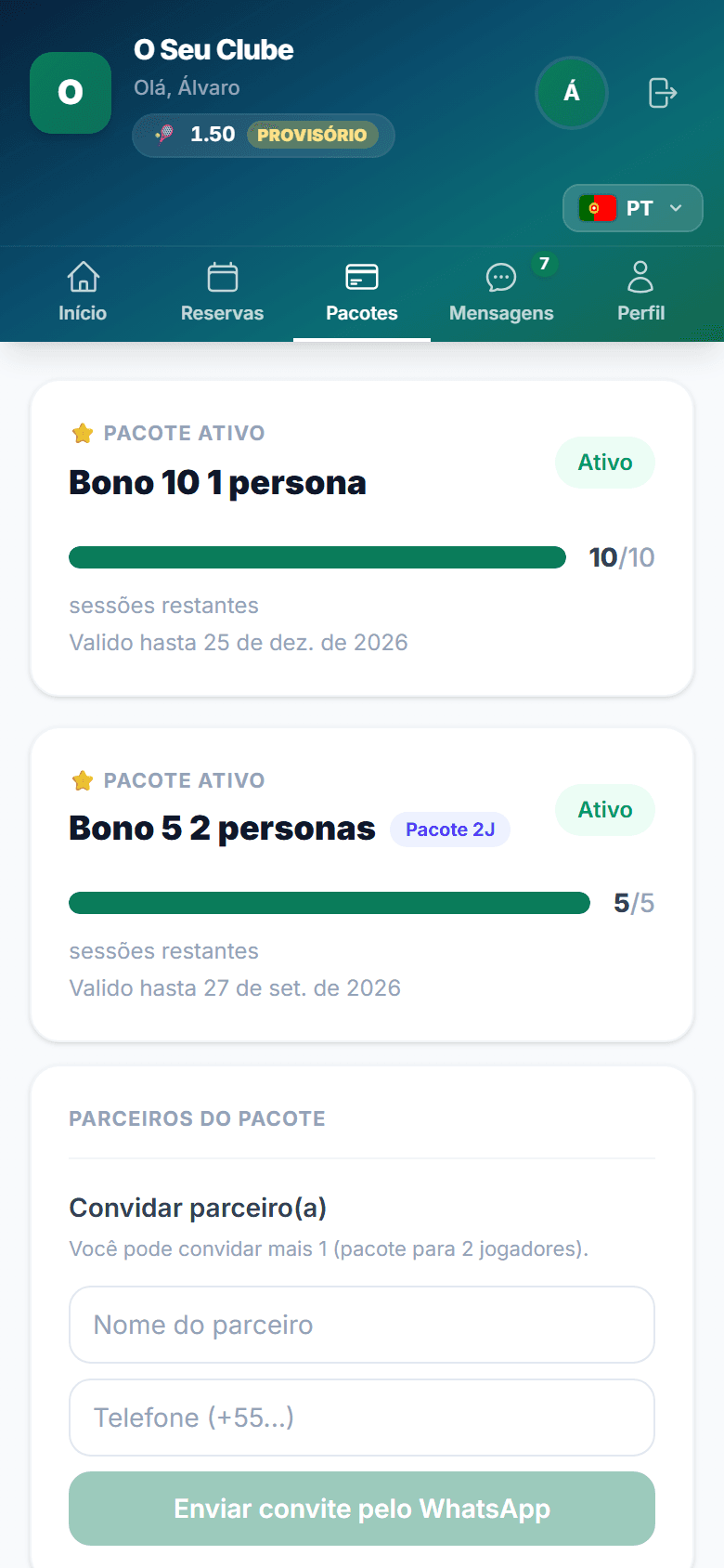 Pacote partilhado: convidar um parceiro a partir da app do jogador