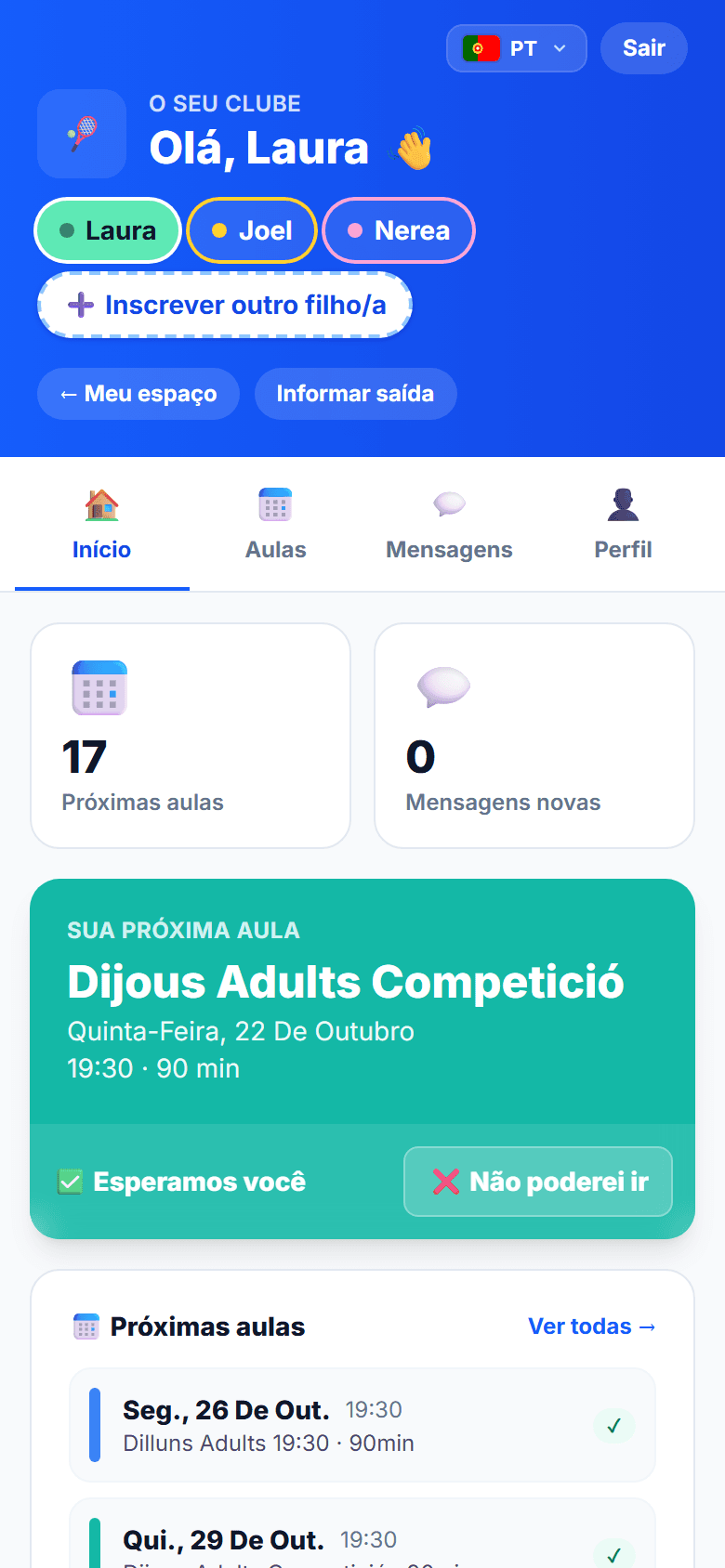 Espaço da família: próxima aula com os botões «Esperamos por ti» e «Não vou poder ir»