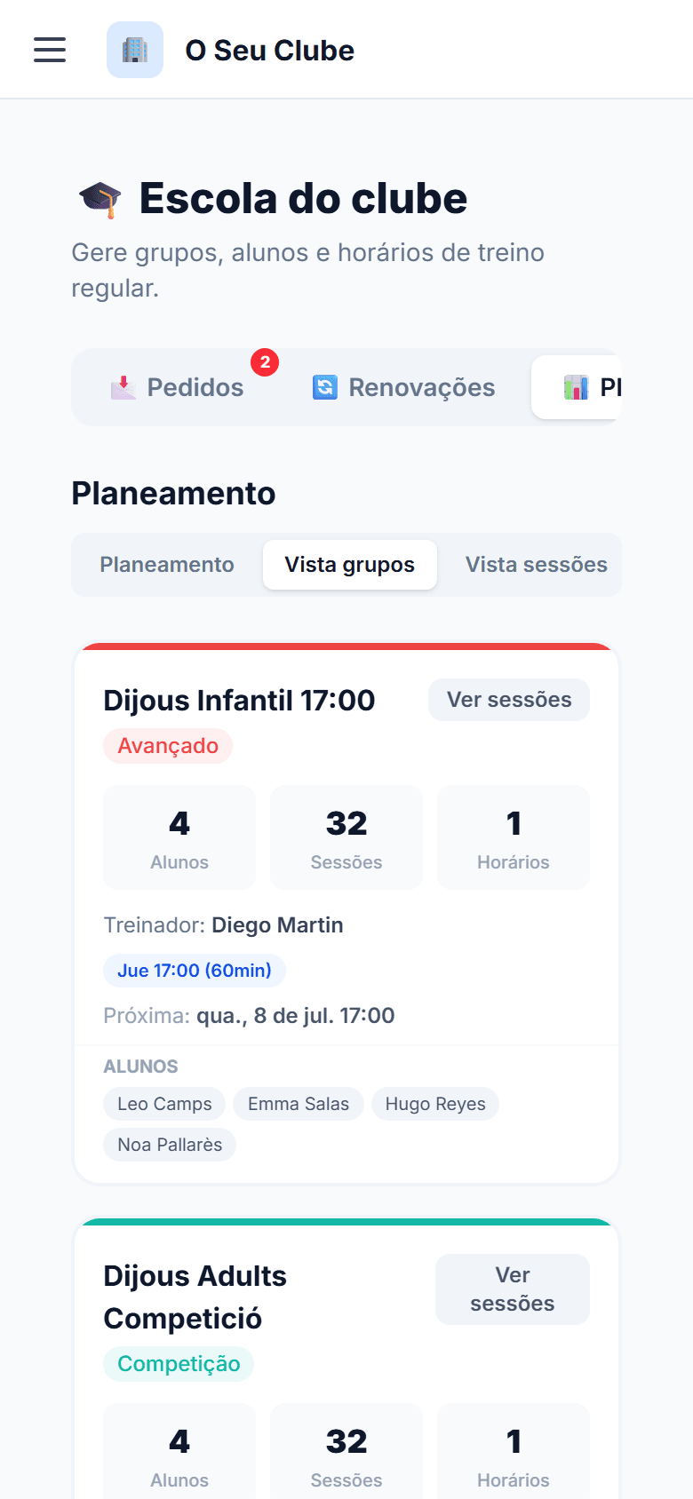 Ficha de um grupo da escola: alunos, sessões, horário e treinador