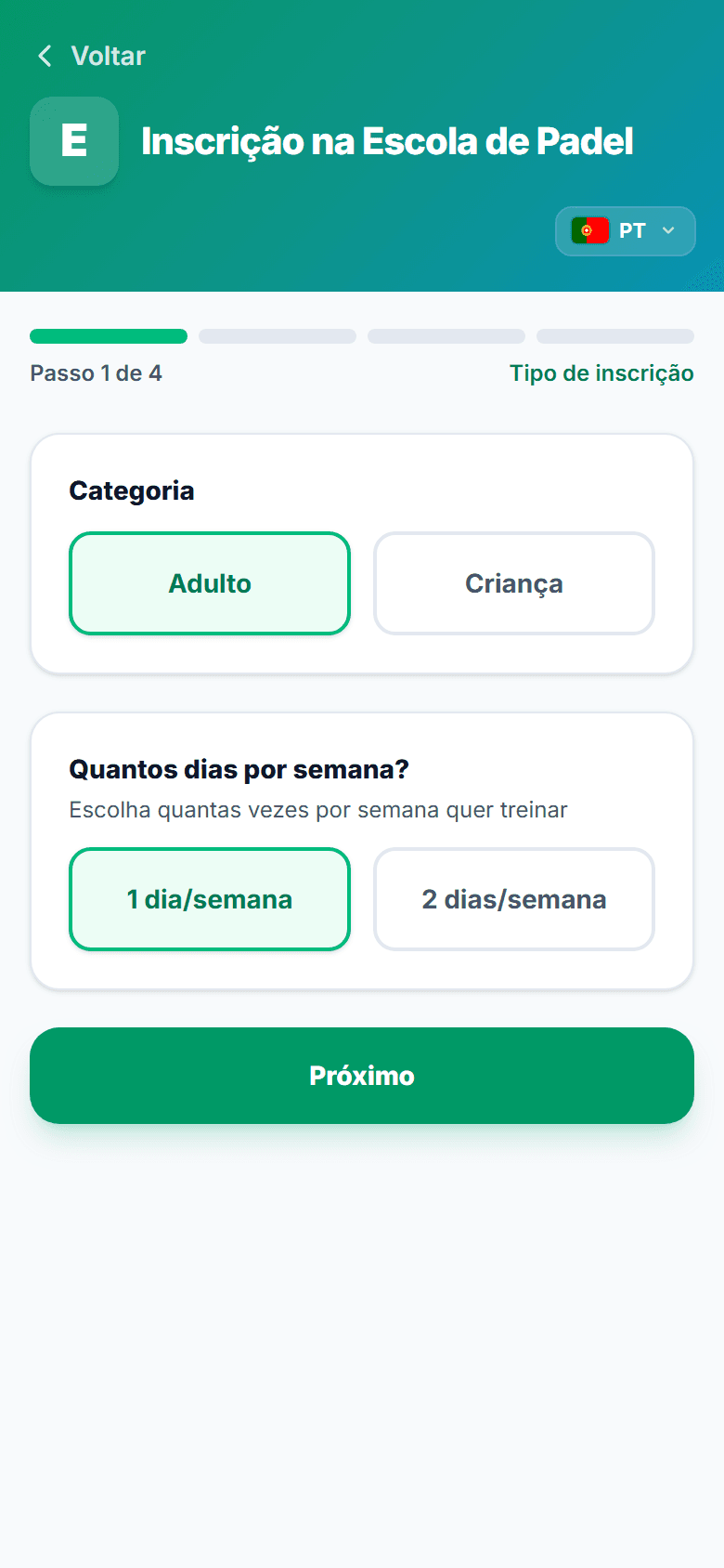 Inscrição na escola pelo telemóvel: categoria e dias por semana