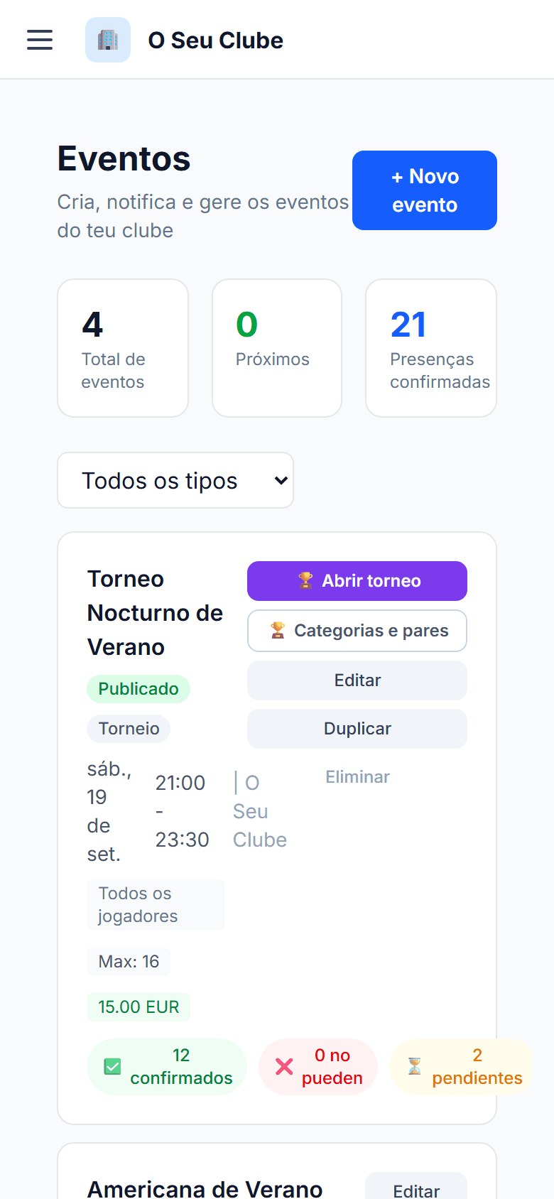 Evento de tipo torneio publicado, com acesso a categorias e pares
