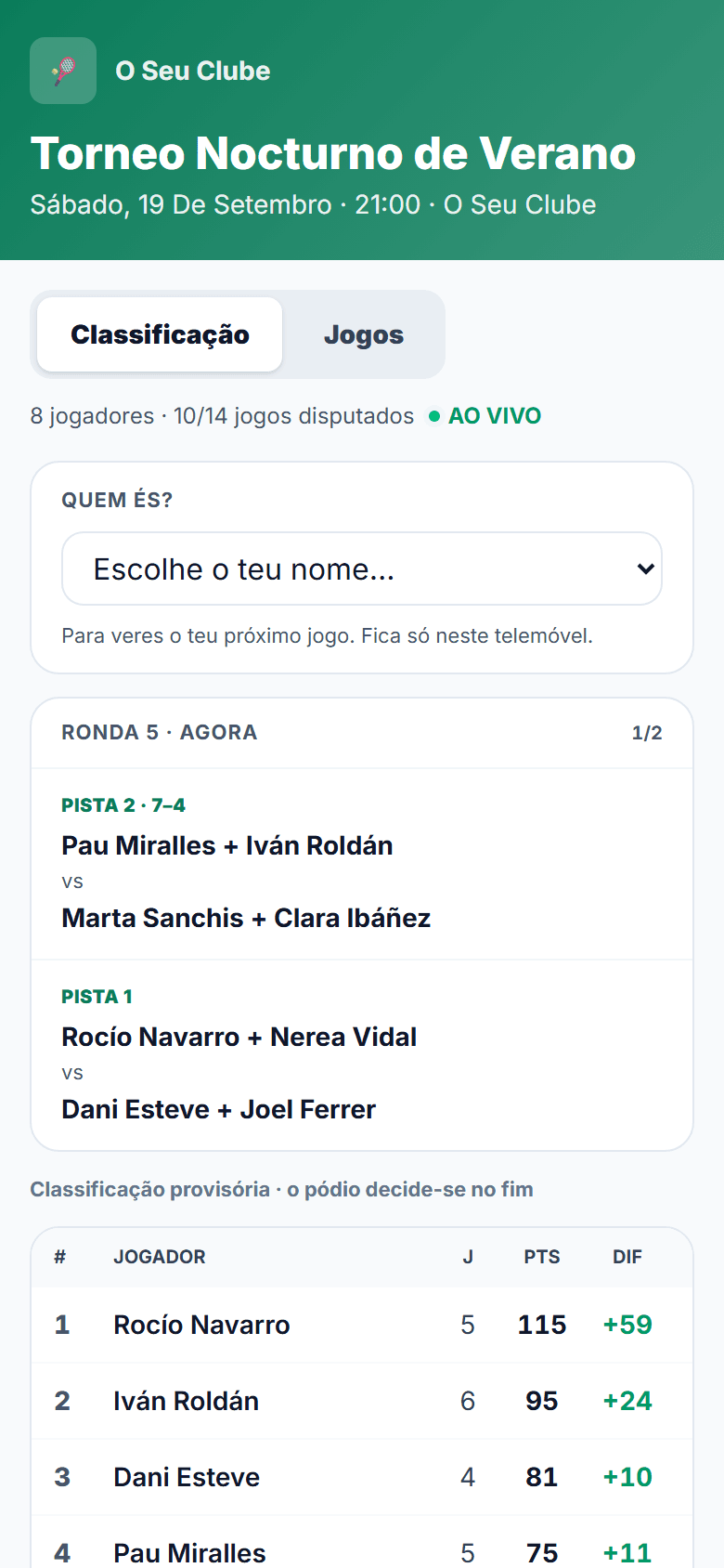 Página pública do torneio: ronda em jogo, campos e resultados