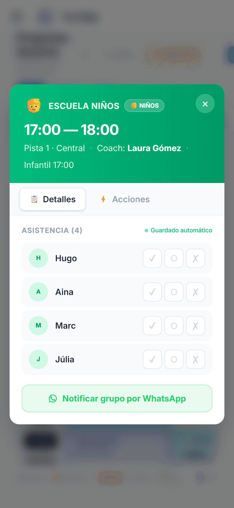Asistencia del grupo Infantil desde el móvil del entrenador, con guardado automático
