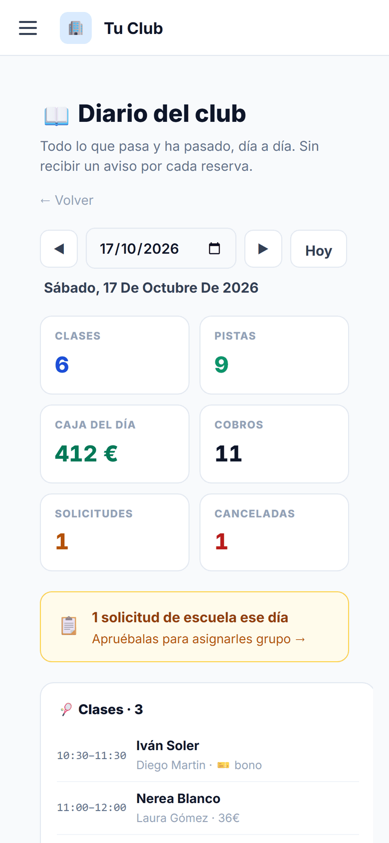 Diario del club: fecha, clases y pistas de hoy