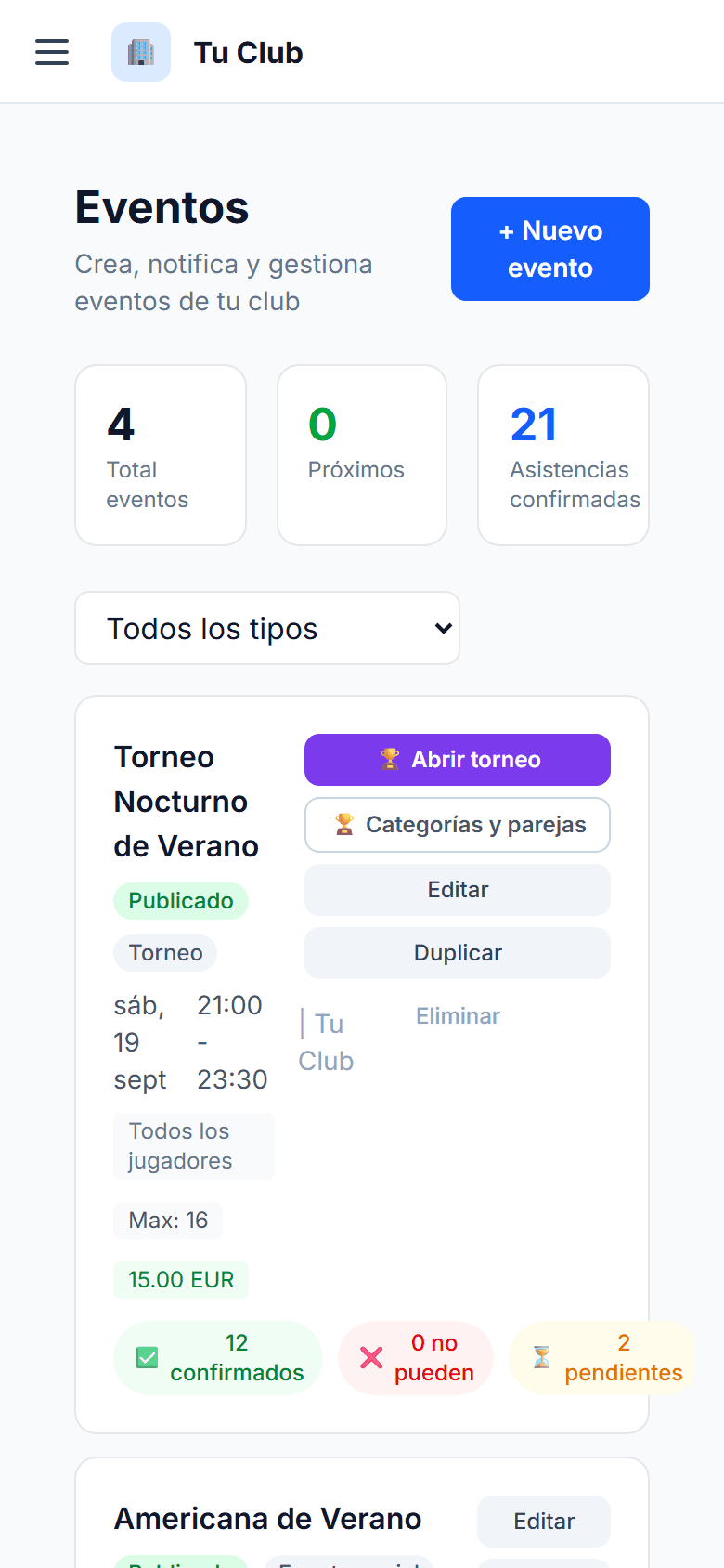 Evento de tipo torneo publicado, con acceso a categorías y parejas