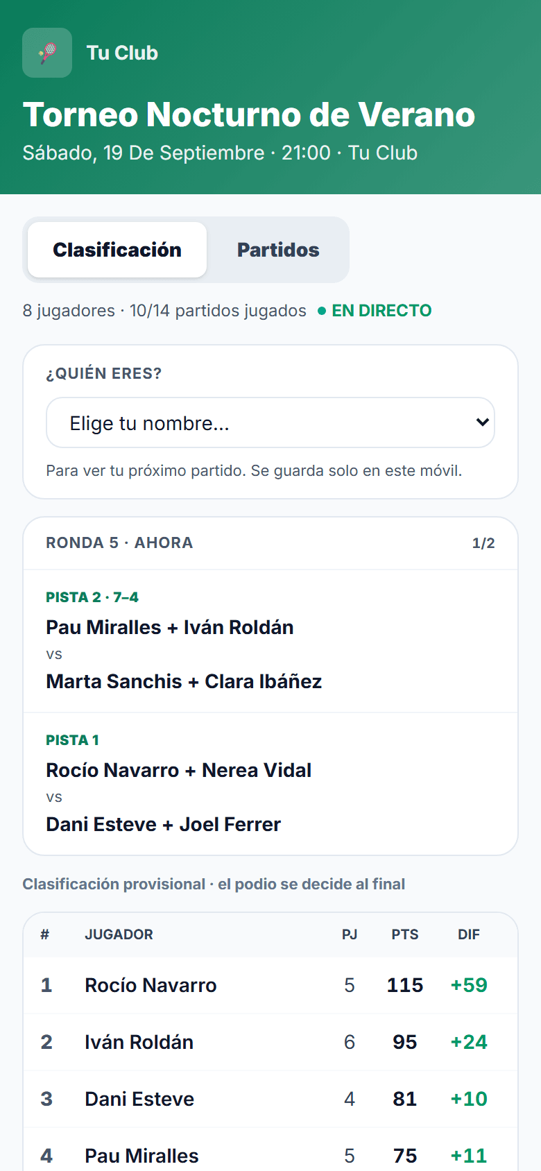 Página pública del torneo: ronda en juego, pistas y marcadores