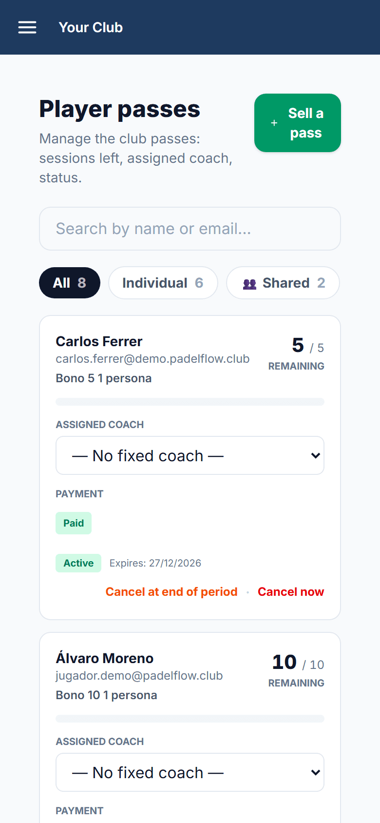 A player's pass at the reception: sessions left, payment and expiry