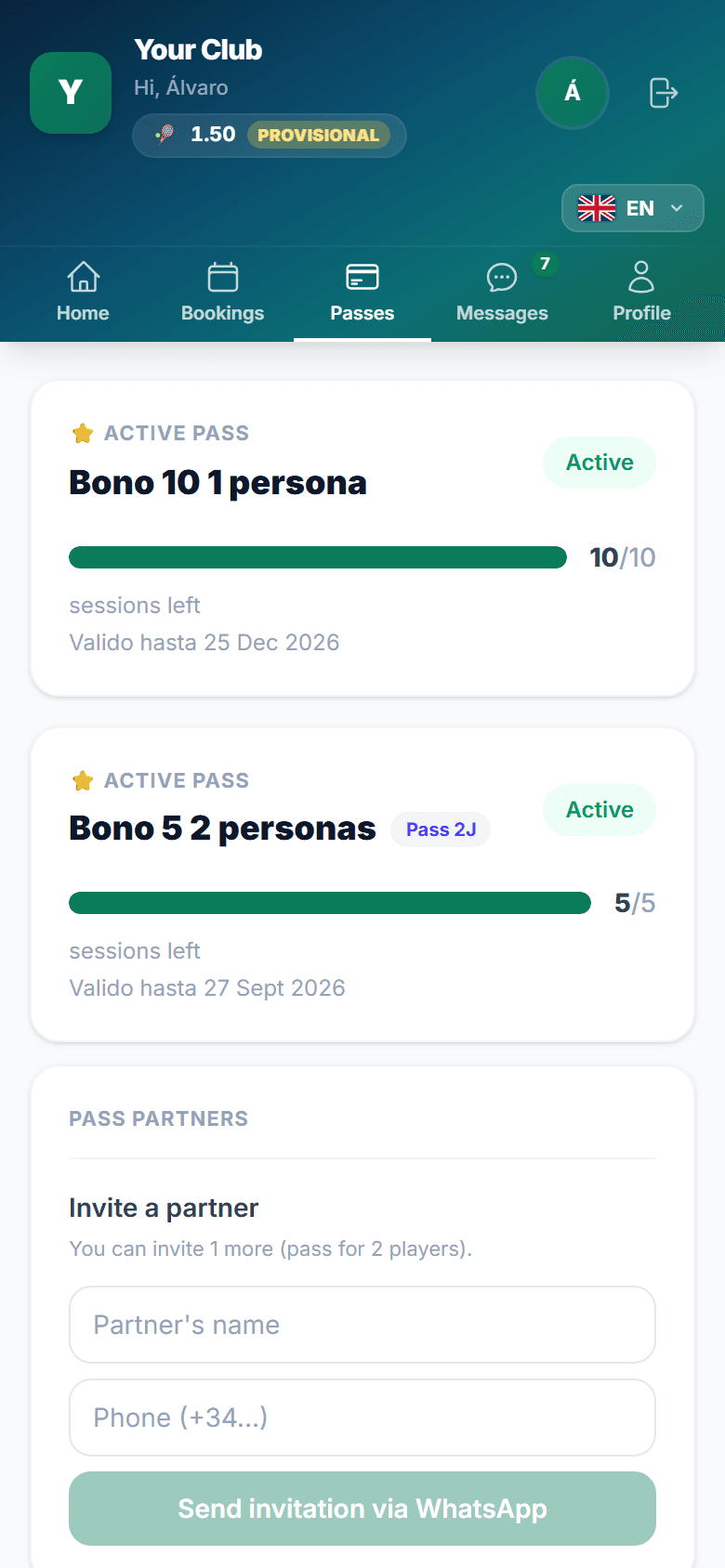 Shared pass: inviting a partner from the player's app