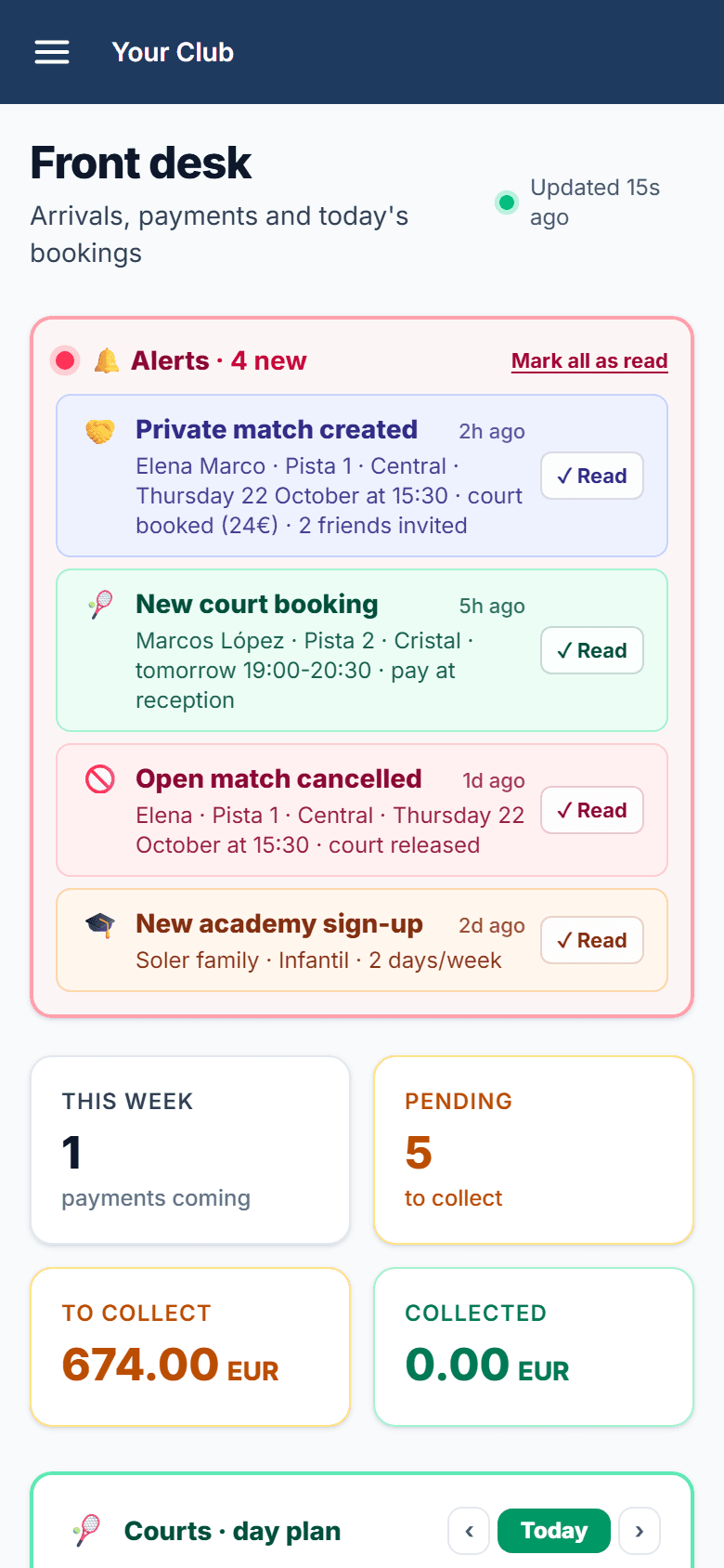Reception alerts: a private match created and the court booked from the app