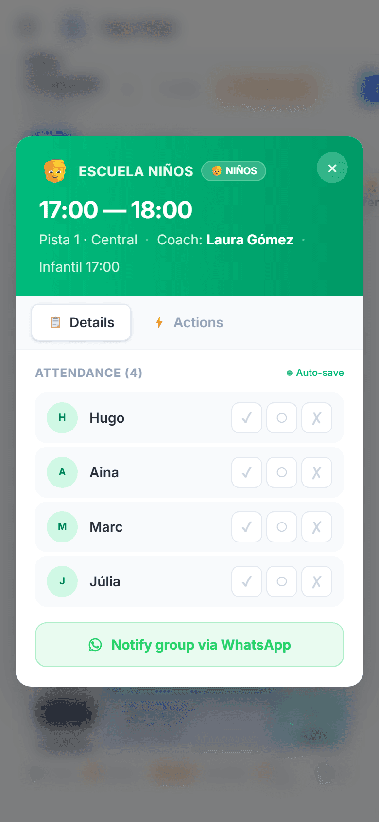 Group attendance from the coach's phone, saved automatically