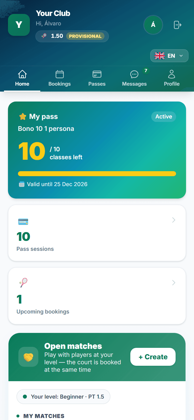 My space: the club's app on the player's phone, with their pass and their matches