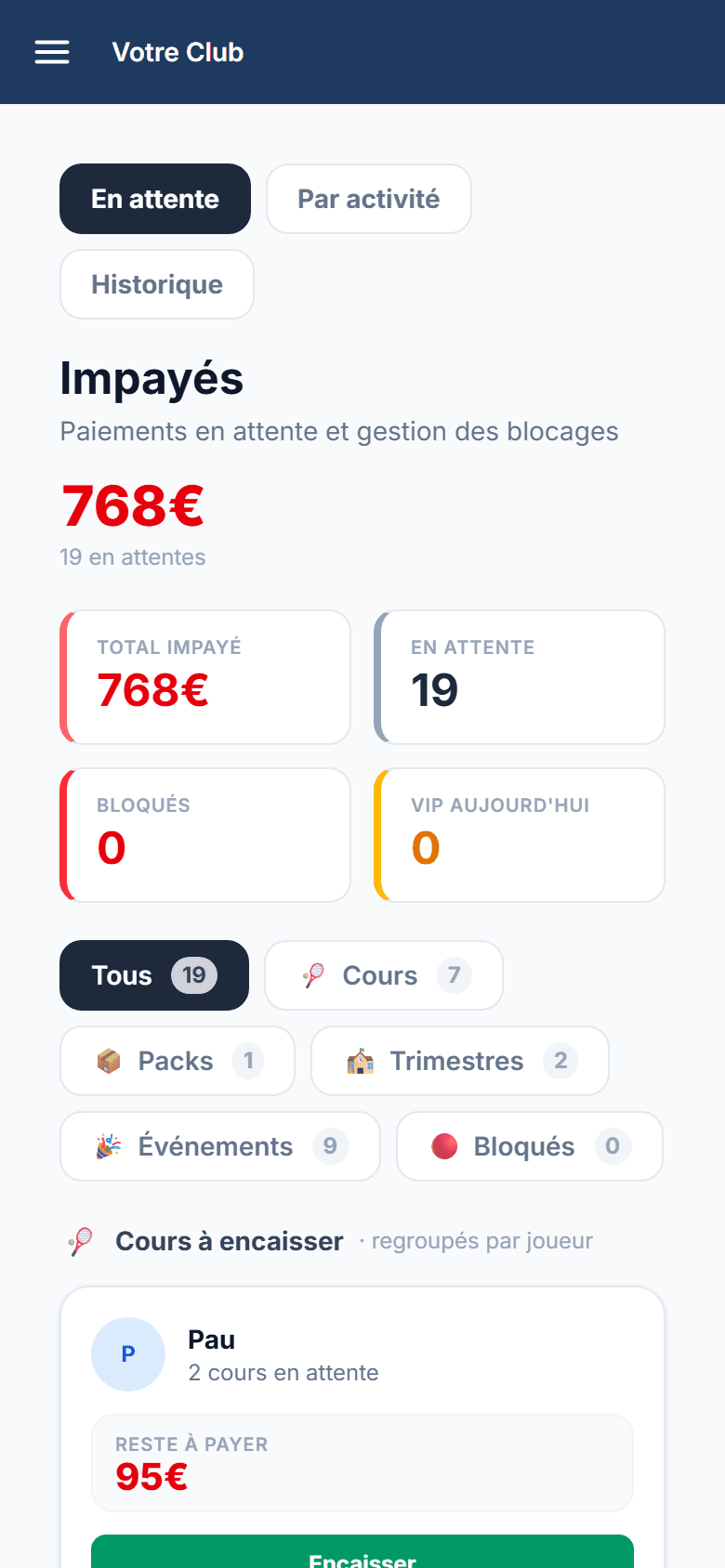 Impayés : total en attente, nombre en attente et bloqués