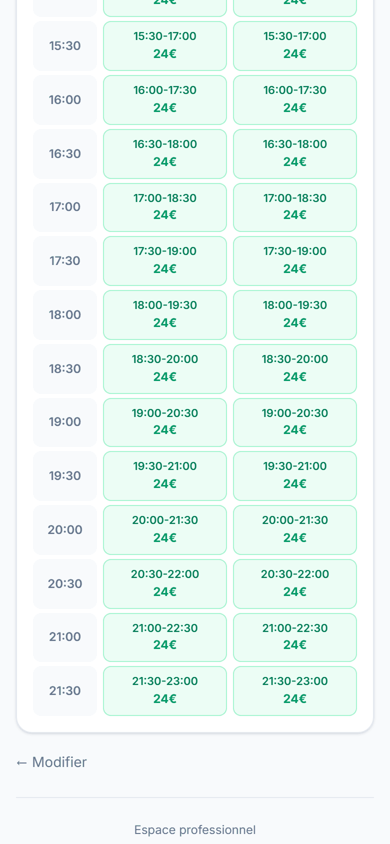 Créneaux de terrain avec tarif, depuis l'app du club