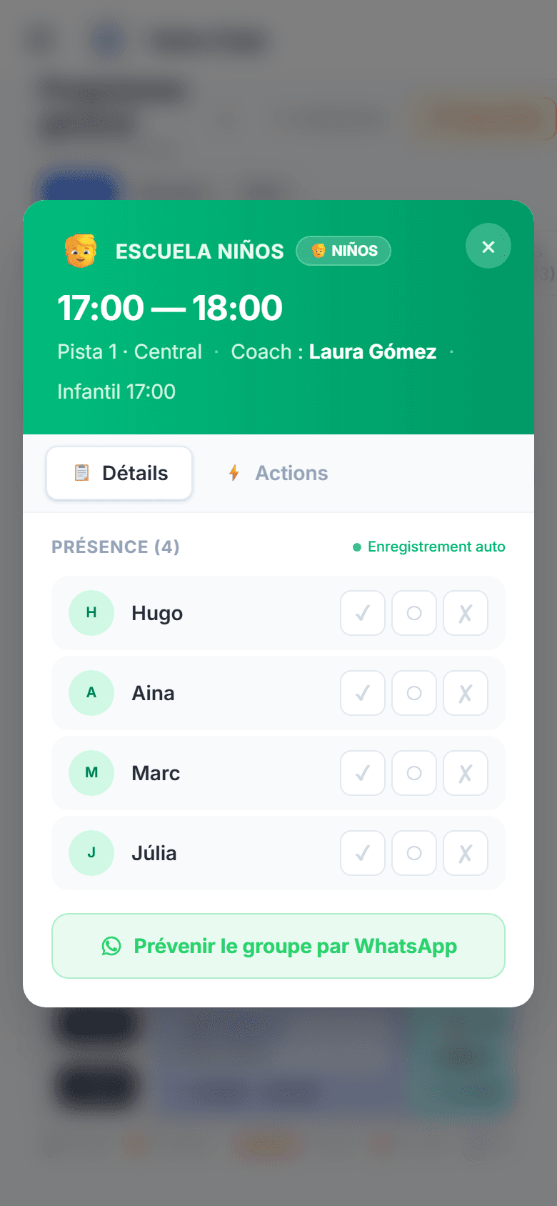 Présences du groupe depuis le téléphone du coach, enregistrement automatique
