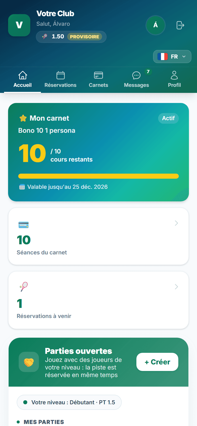 Mon espace : l'app du club sur le téléphone du joueur, avec son carnet et ses parties