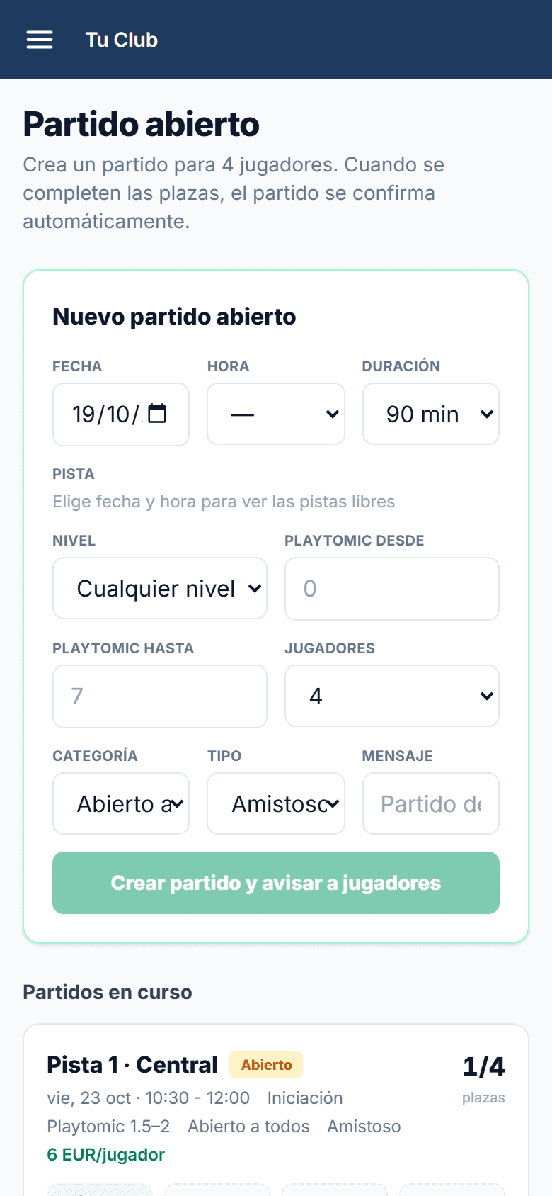 Formulario de partido abierto en recepción: nivel, jugadores, categoría y tipo