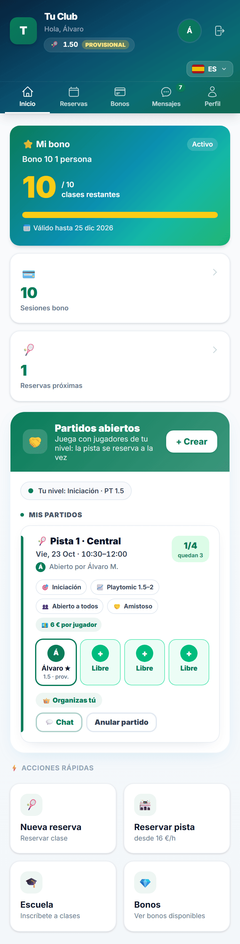 Partido abierto en la app del jugador: pista, hora, nivel, plazas libres y precio por jugador