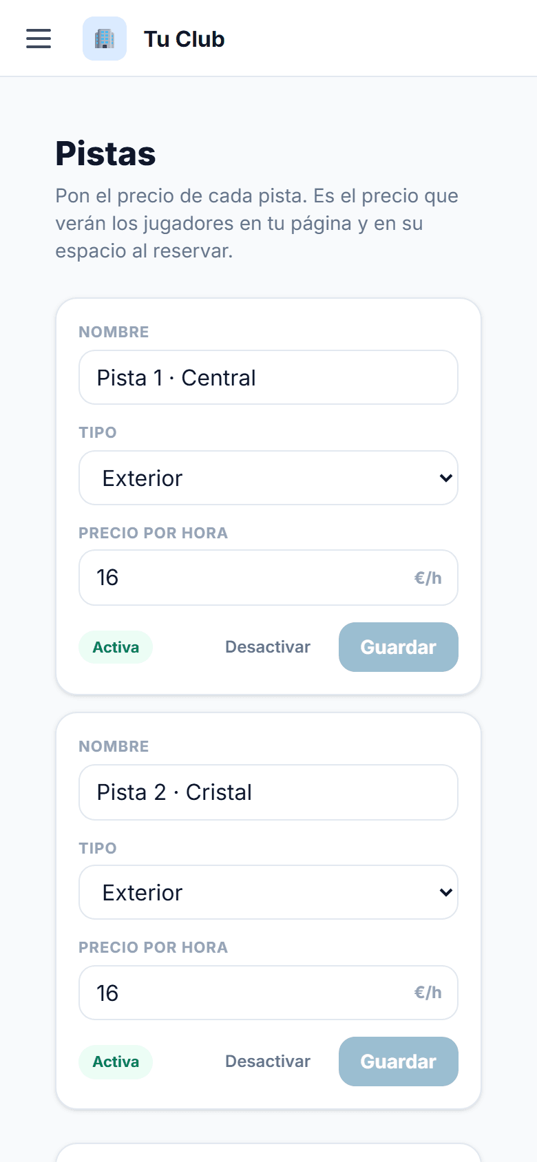 Ficha de una pista: nombre, tipo y precio por hora