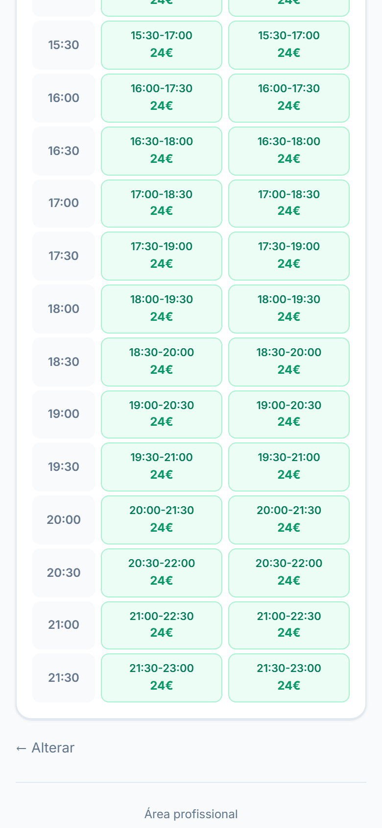 Horários de campo com preço, a partir da app do clube