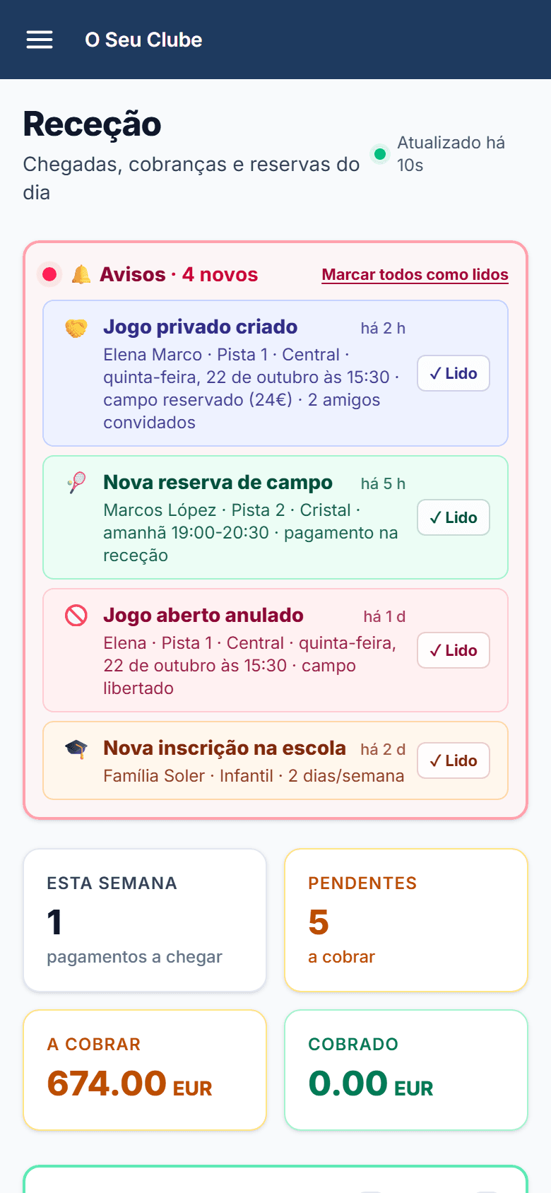Avisos da receção: um jogo privado criado e o campo reservado a partir da app