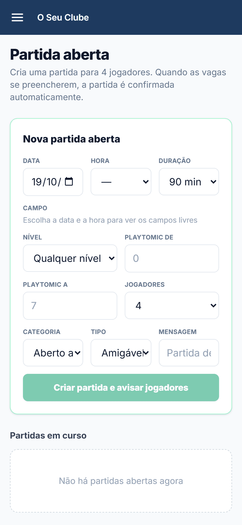 Formulário de jogo aberto na receção: nível, jogadores, categoria e tipo