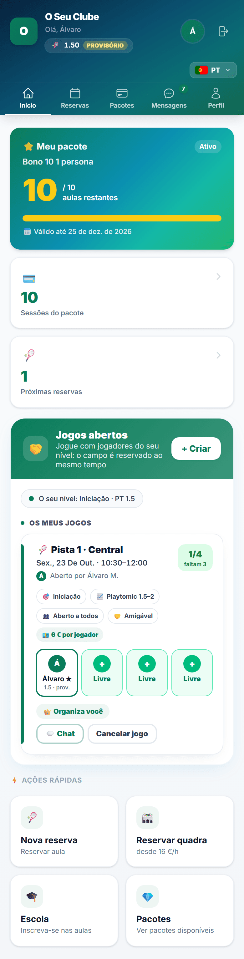 Jogo aberto na app do jogador: campo, hora, nível, vagas livres e preço por jogador