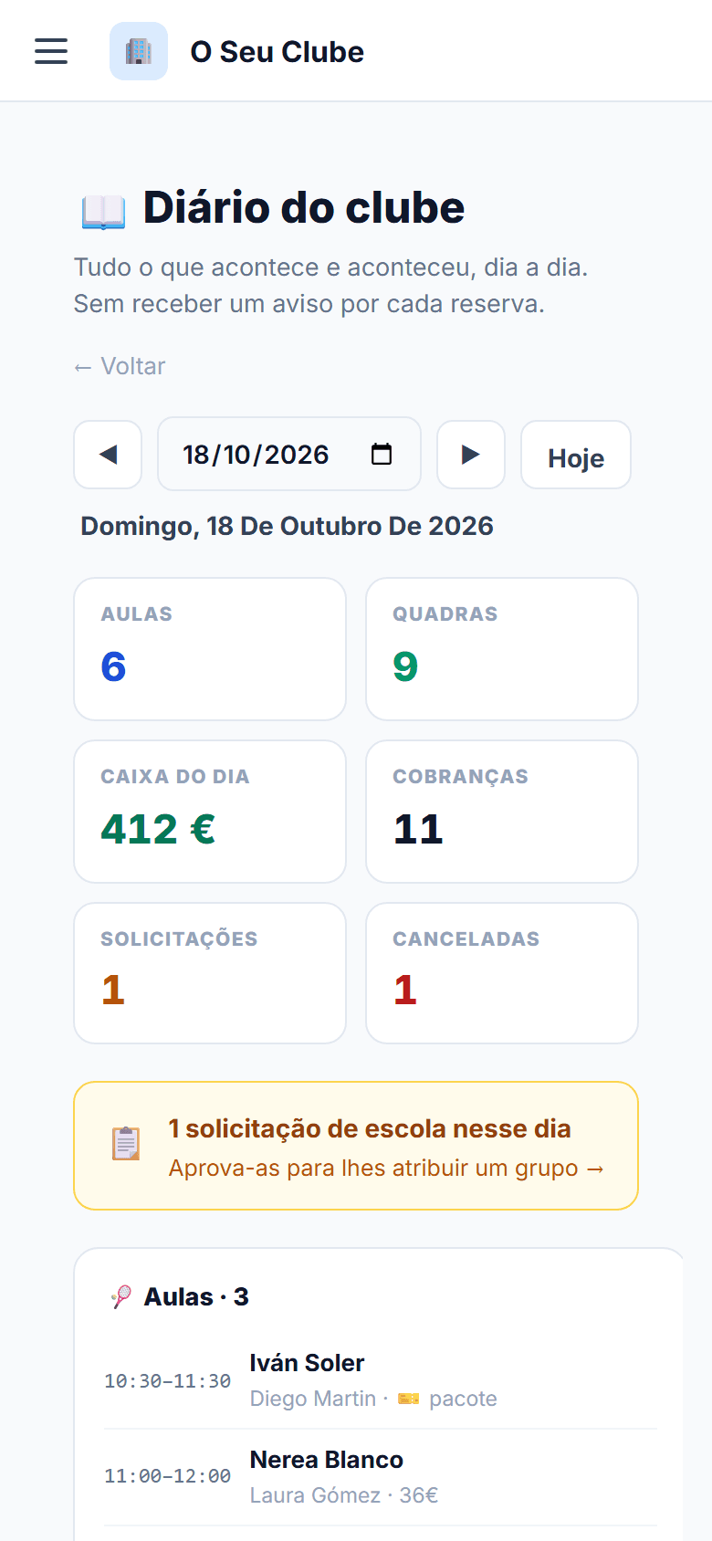 Diário do clube: data, aulas e campos de hoje